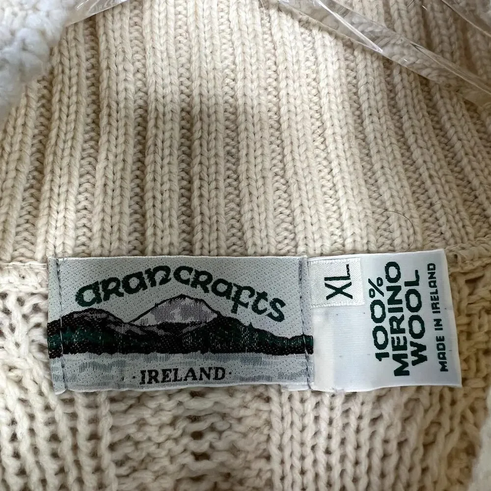Aran Crafts 100% Merino Wool Shawl Collar Cable Knit Pullover Sweater Cream XL